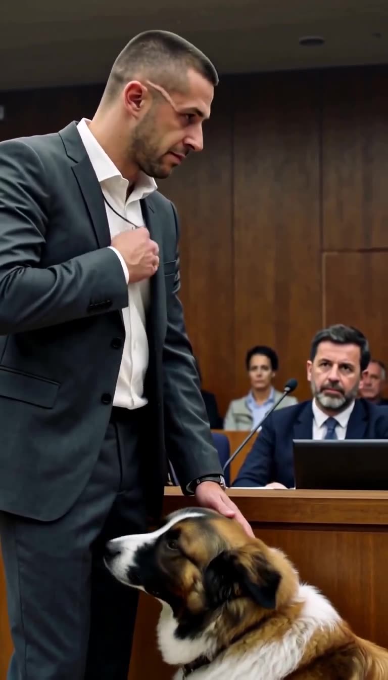 Julien touches his collar to reveal a brass whistle while stroking the docile dog under the court's watchful gaze.