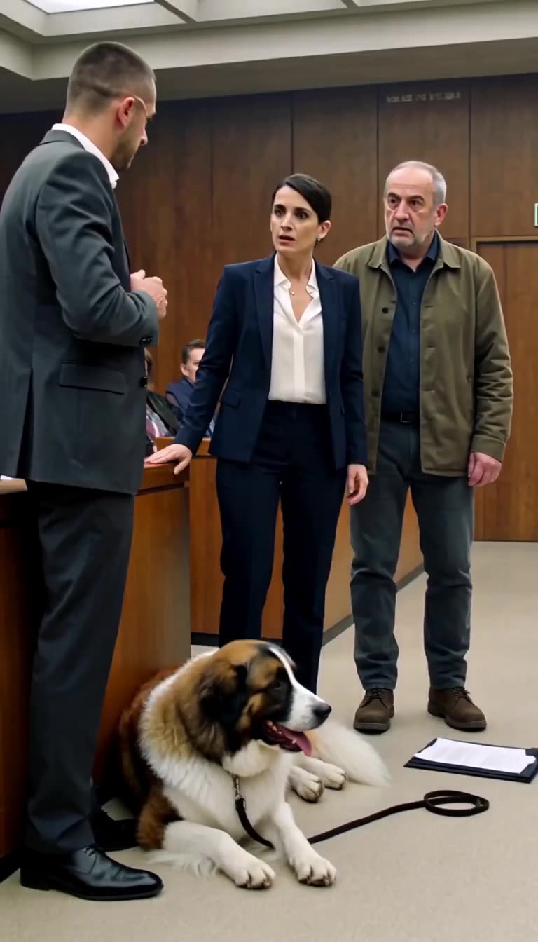 Camille and Marc stand frozen in disbelief as the dog lies peacefully on the courtroom floor beside Julien.