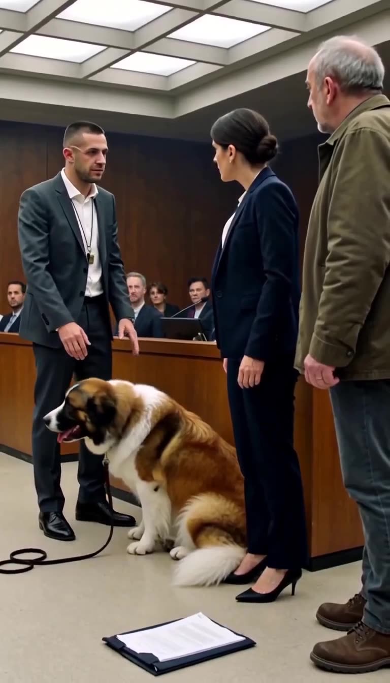 A massive canine sits calmly beside Captain Mercier while attorneys look on in disbelief.