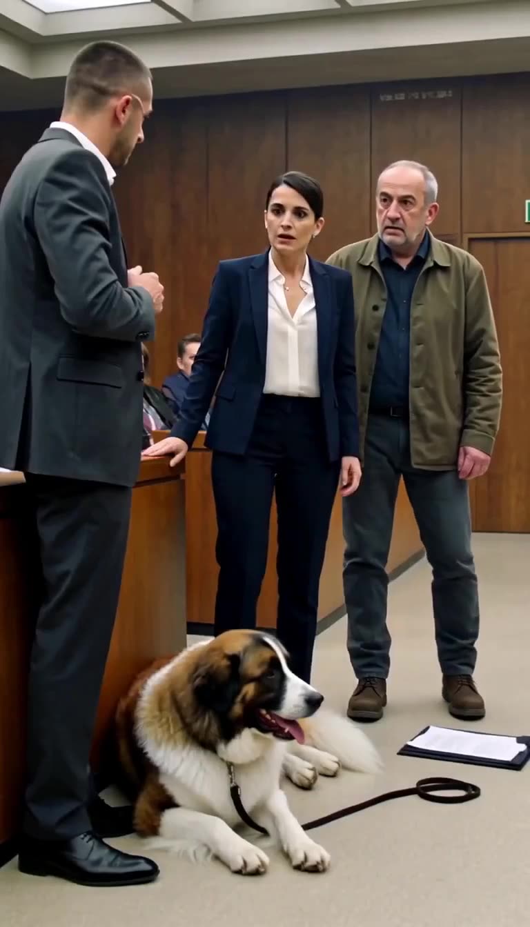 The courtroom defense team and handler stand frozen in shock as the dog rests submissively on the floor.