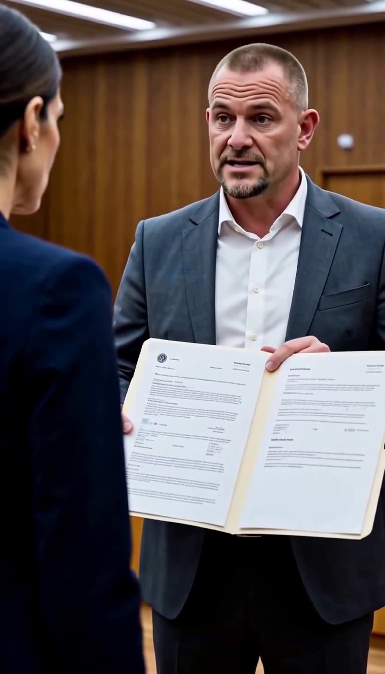 Lukas hält die aufgeschlagene Einsatzakte direkt vor die Anwältin Julia.