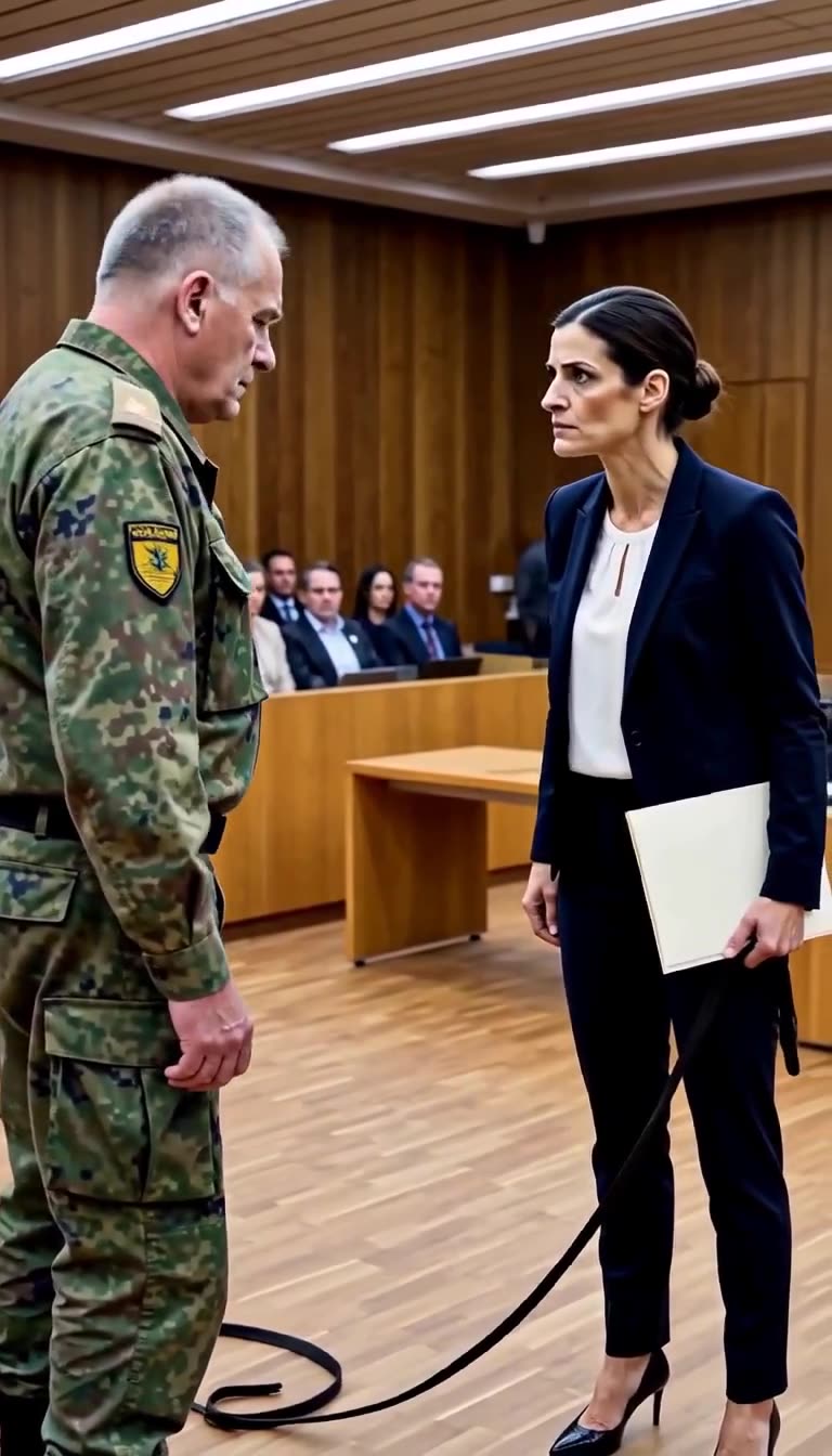 Konfrontation zwischen Julia im dunklen Hosenanzug und Soldat Marcus in Flecktarn-Uniform