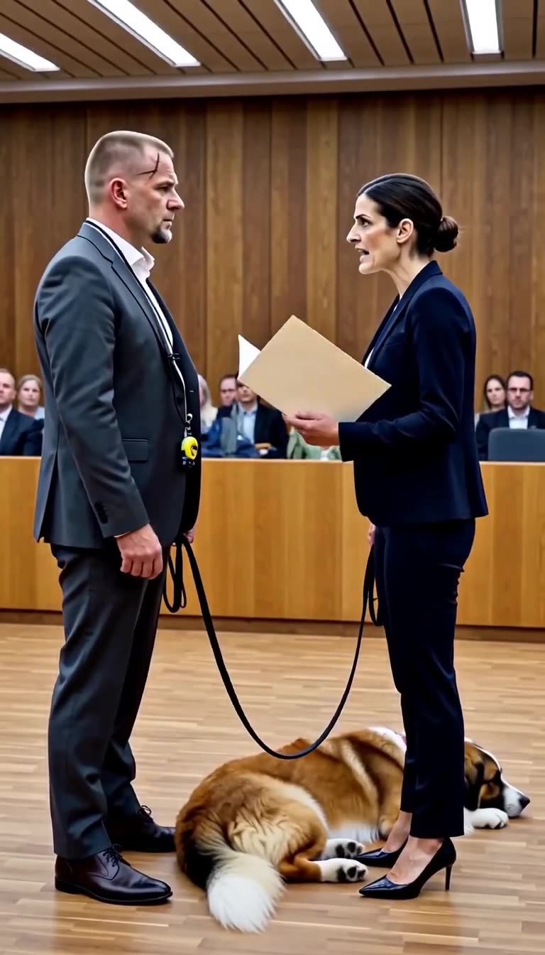 Julia verkündet Lukas den Freispruch, während sein großer Hund ruhig auf dem Gerichtsboden liegt