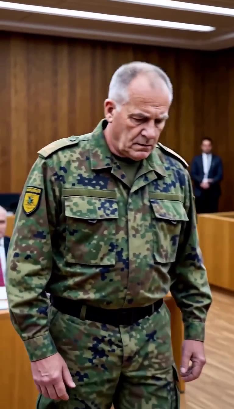 Ein hochrangiger Bundeswehroffizier betritt mit gesenktem Blick den Gerichtssaal.