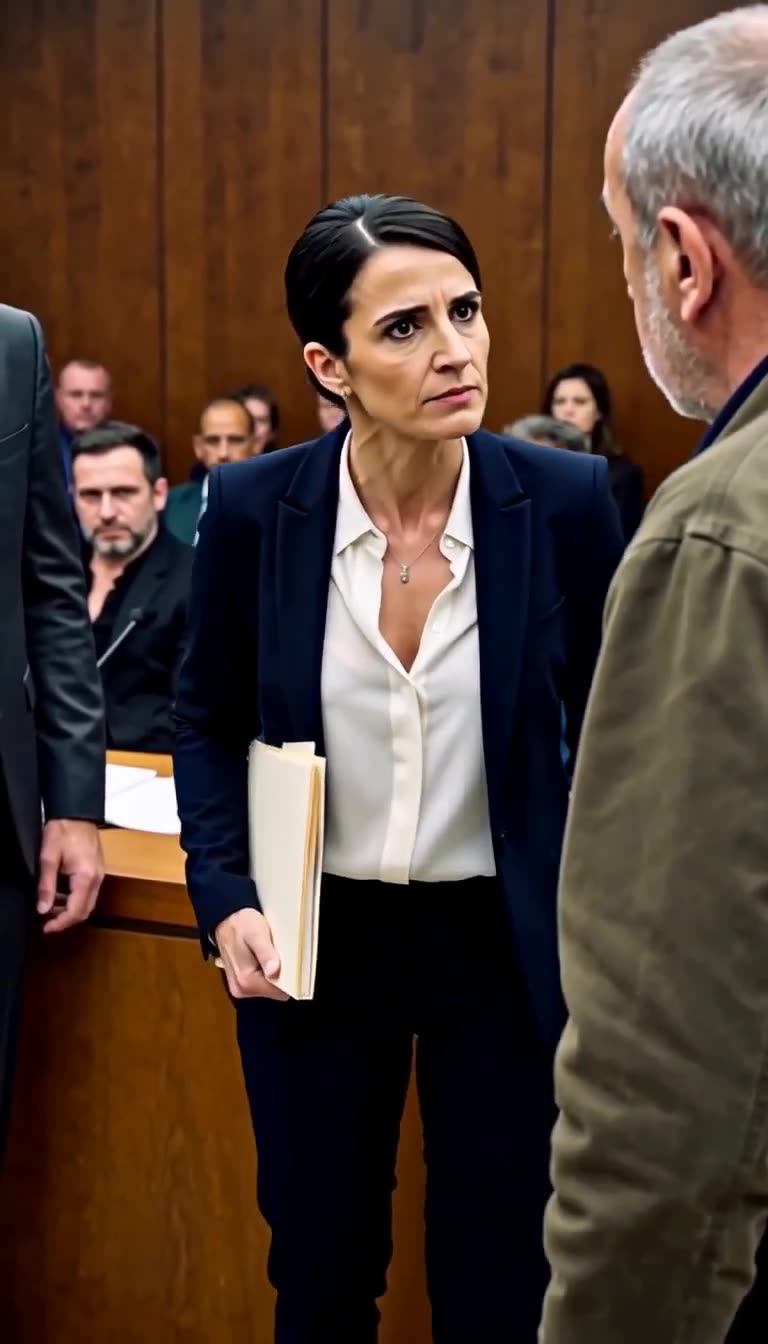 Camille holds the closed case file and confronts Marc with a stern, accusatory gaze.