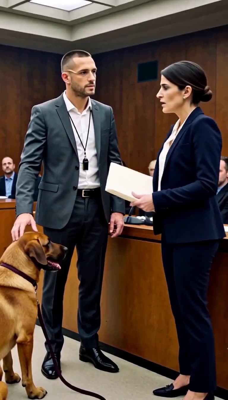 Julien stands beside his calm dog as Camille announces the dismissal of all charges.