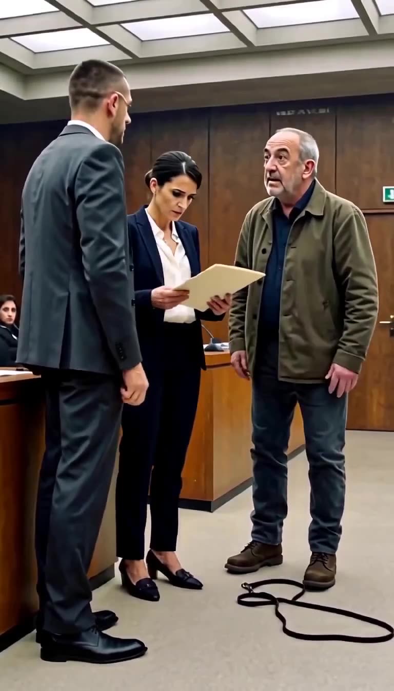 Lawyers and an older officer looking at the dropped leash on the courtroom floor