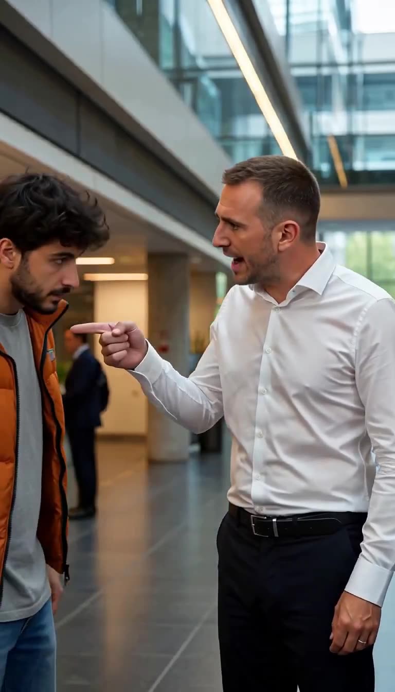 An aggressive office worker in a white shirt pointing an accusatory finger at a young man in an orange vest