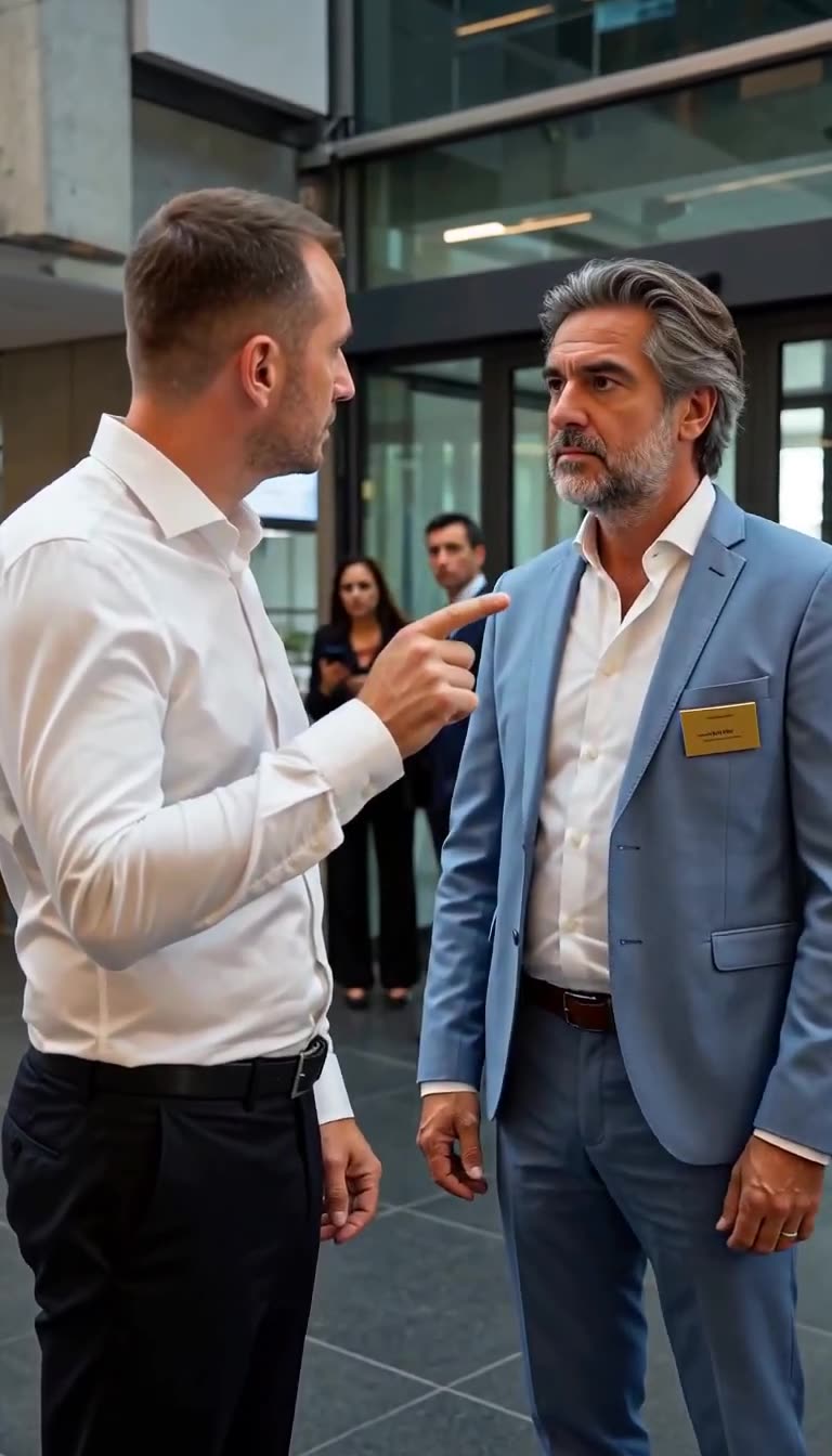A senior executive in a light blue suit confronting the aggressive worker in front of onlookers