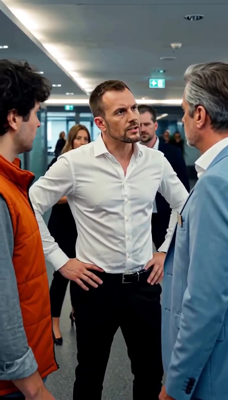 Der CEO konfrontiert den Abteilungsleiter im Anzug mit entschlossener Haltung im Büroflur.
