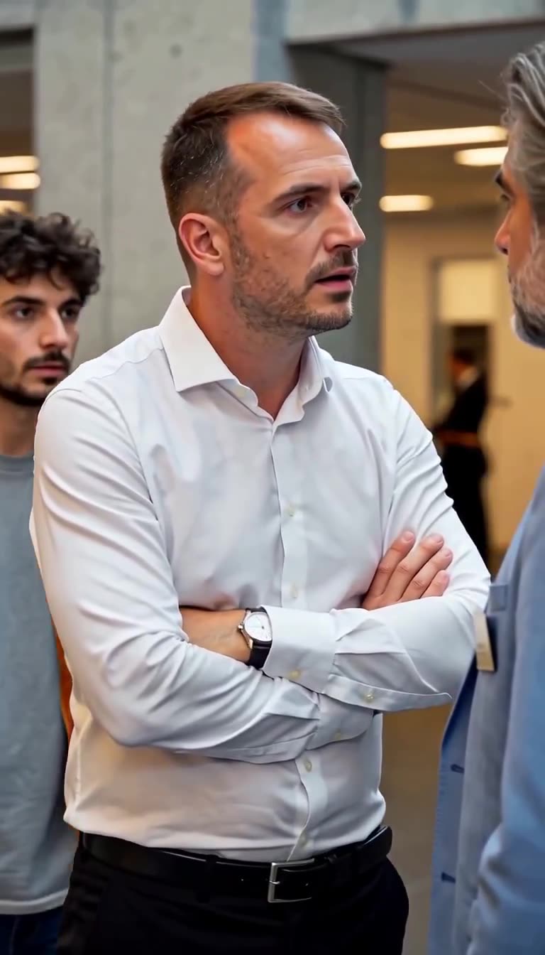 A tense close-up of Julien sneering aggressively at Alexandre while Lucas watches anxiously from behind.