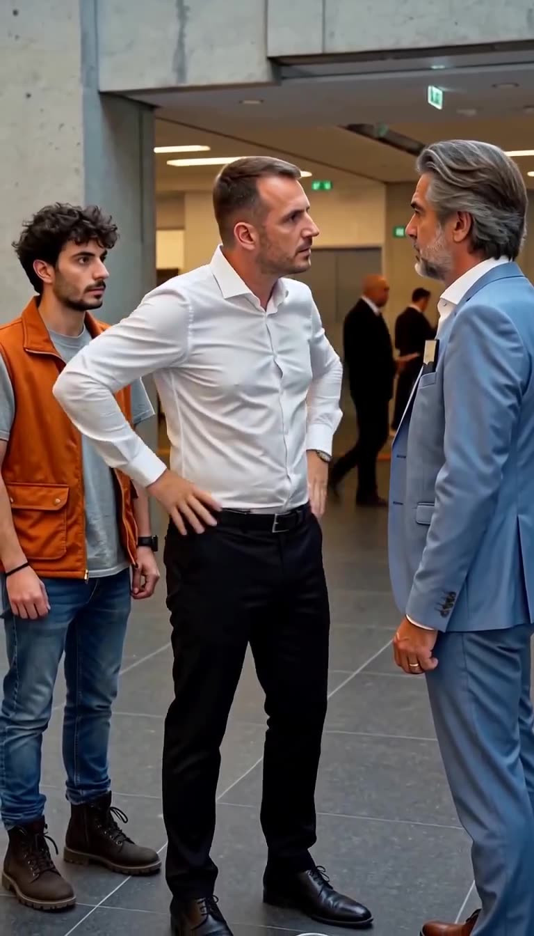 Julien puts his hands on his hips and glares defensively after Alexandre reveals his executive status.