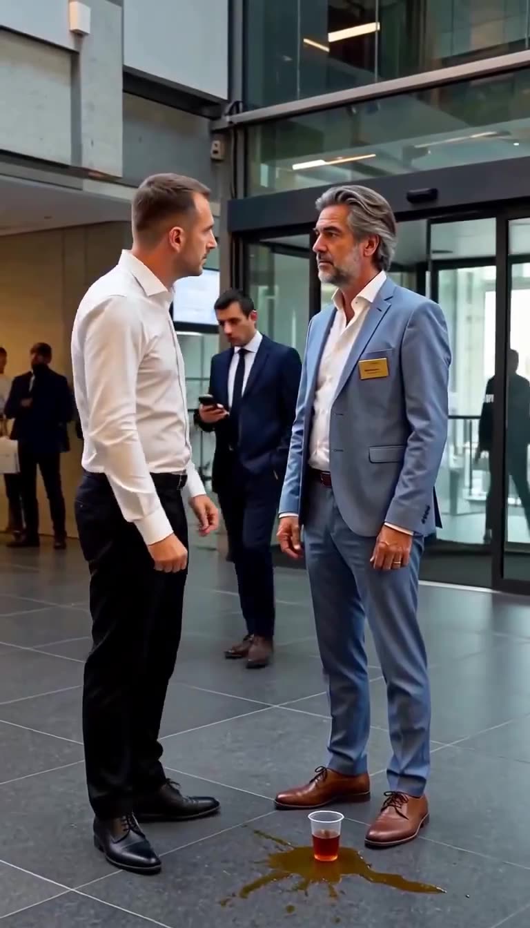 A tense confrontation in an office lobby between two men over a spilled drink