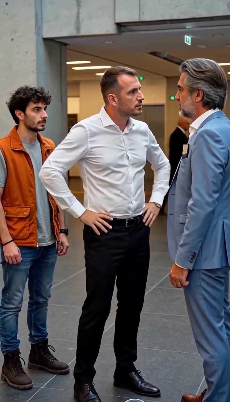 An executive confronts the aggressive employee as a coworker looks on