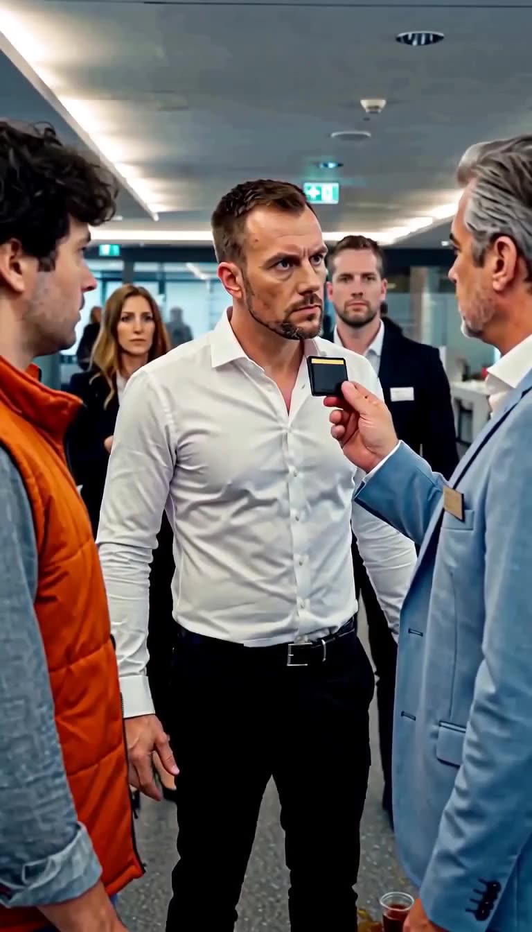 Treibende Konfrontation im Büroflur, bei der die Karte direkt vorgehalten wird.
