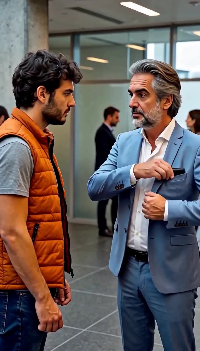 Alexandre pockets his executive cardholder while reassuring Lucas in the lobby.