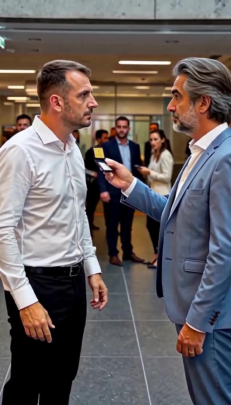 A tense confrontation in an office lobby as an executive presents his gold badge directly to an aggressive employee.