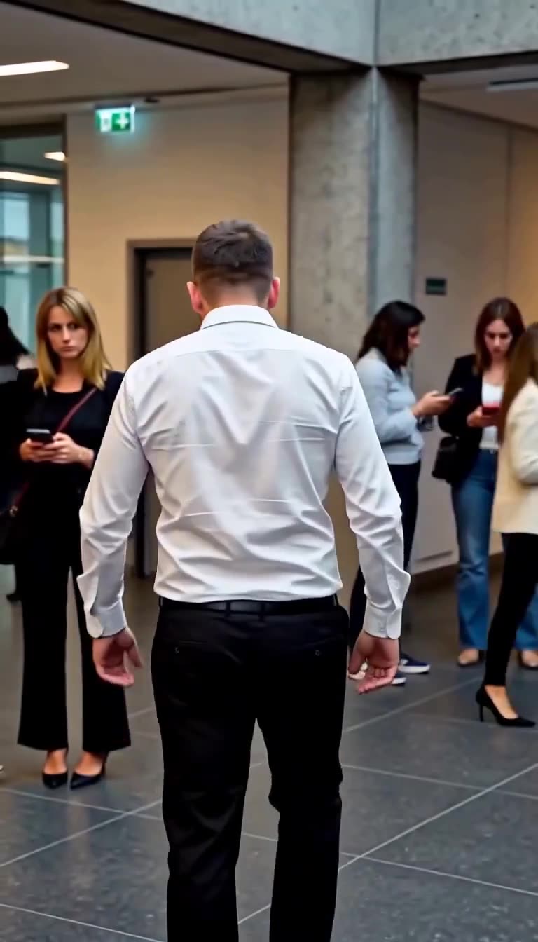 The disgraced employee seen from behind walking away down the hallway with clenched fists after being reprimanded.