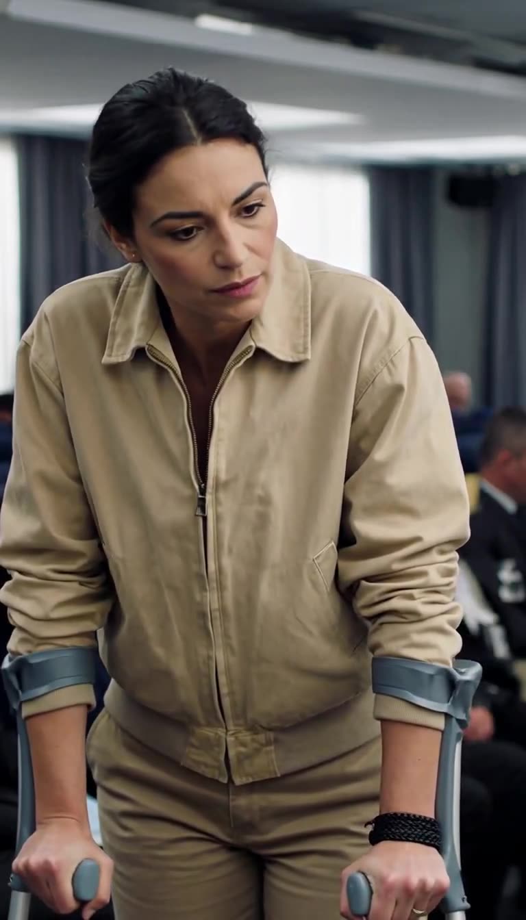 Close-up of Camille looking down with quiet determination while holding two forearm crutches