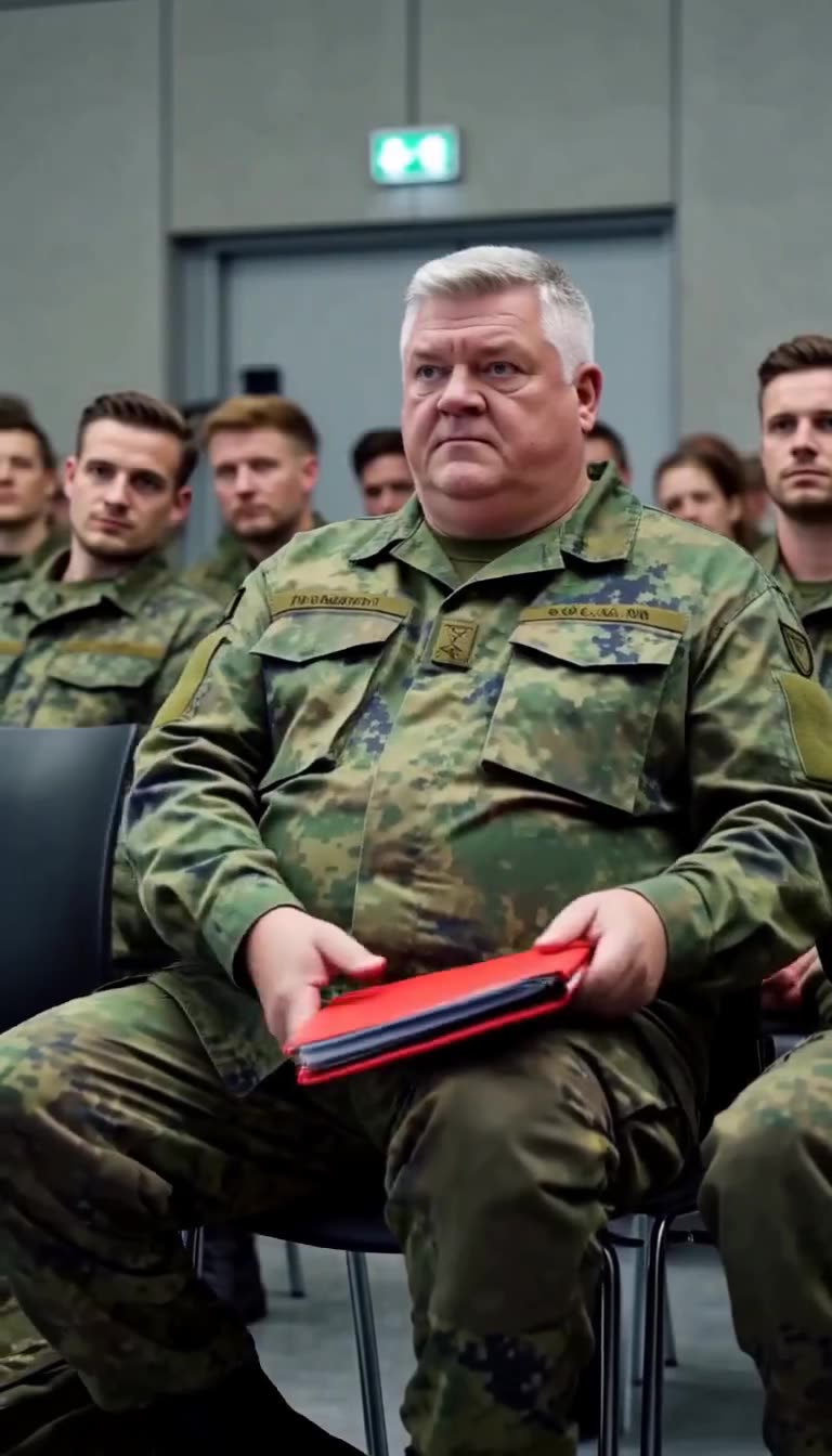 Der erfahrene Soldat Thomas sitzt mit ernstem Blick und einer roten Dienstakte im Saal.