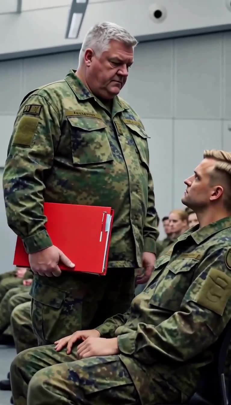 Generalmajor Albrecht Lindemann steht mit einer roten Akte mahnend über dem sitzenden Leutnant.