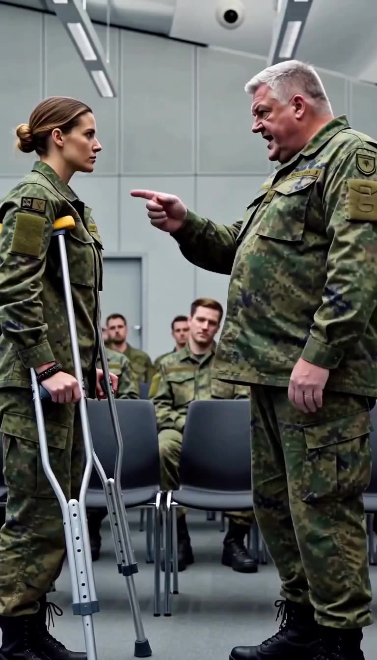 Thomas deutet mit ernstem Blick direkt auf die verletzte Soldatin Julia