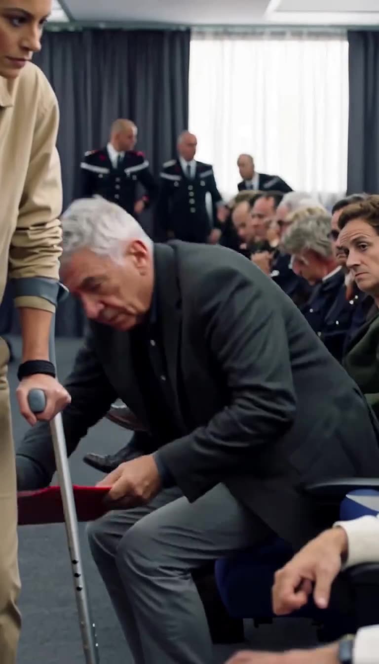 Henri rises firmly from his chair holding a red folder as Camille looks down.