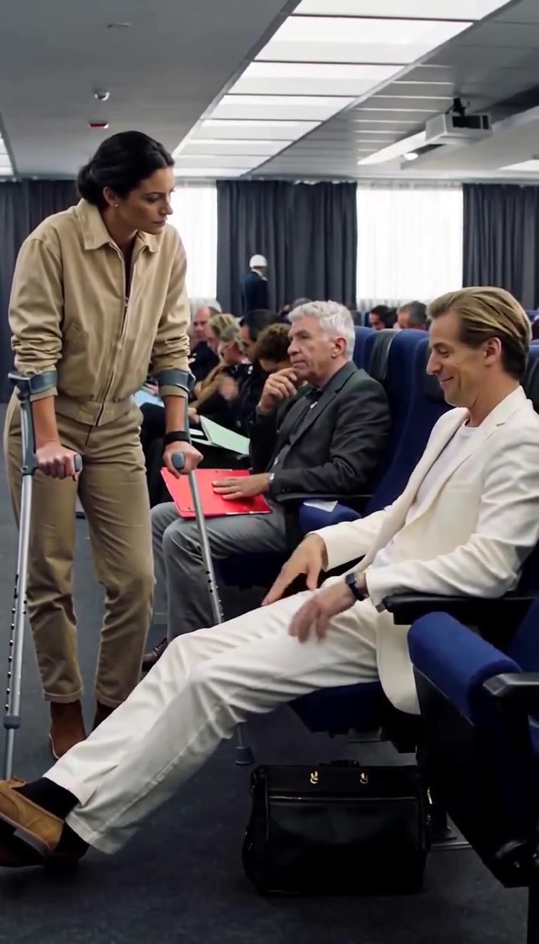 Lieutenant Maxime Mercier smirks arrogantly while stretching out his legs to block Camille Vasseur in the aisle.