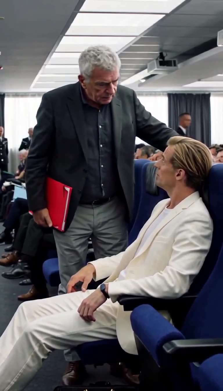 General Marchand confronts Lieutenant Mercier directly, gripping the back of the seat with a red folder in hand.
