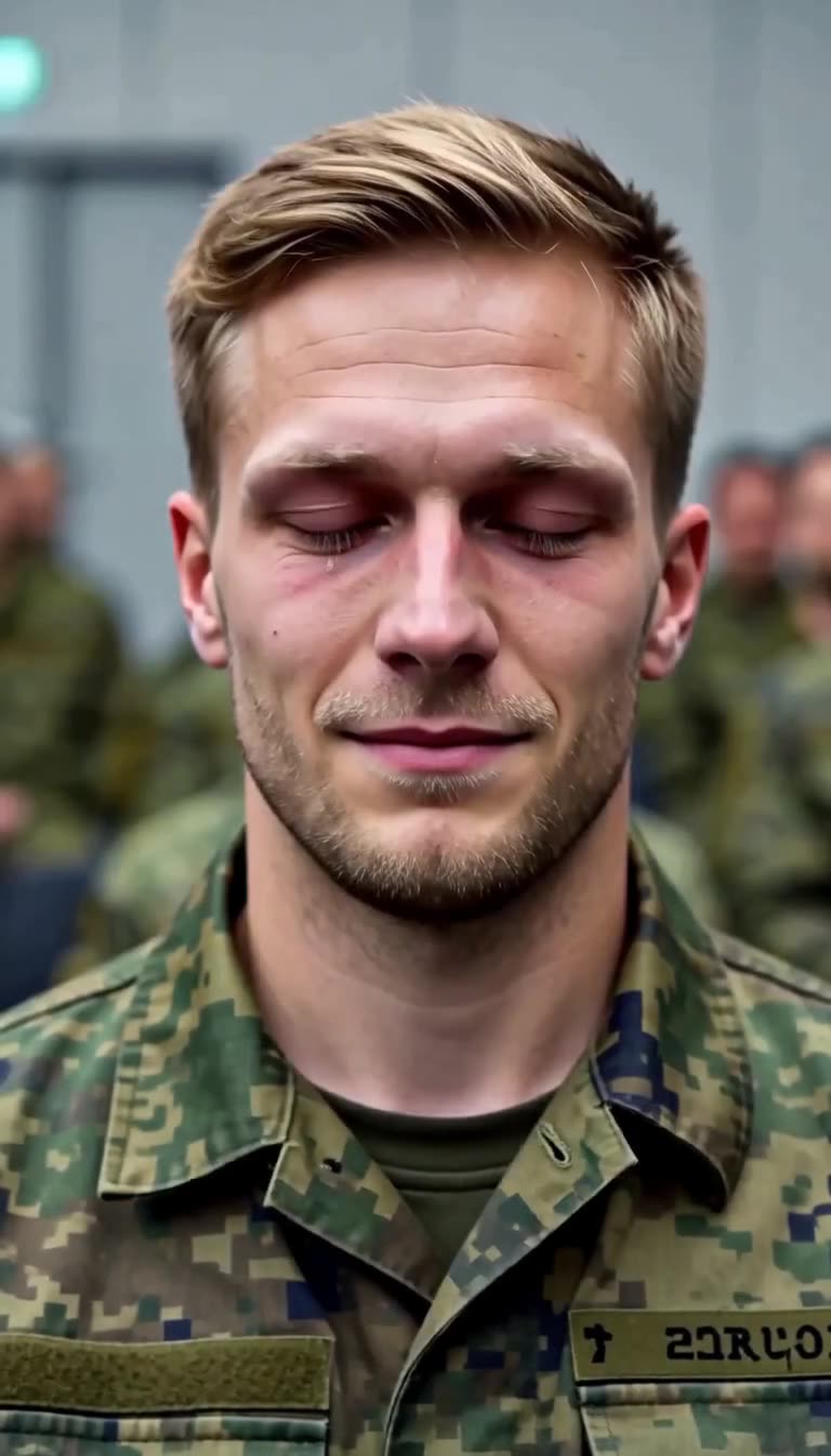 Florian schließt weinend die Augen in tiefer Reue und Beschämung im Bundeswehrsaal