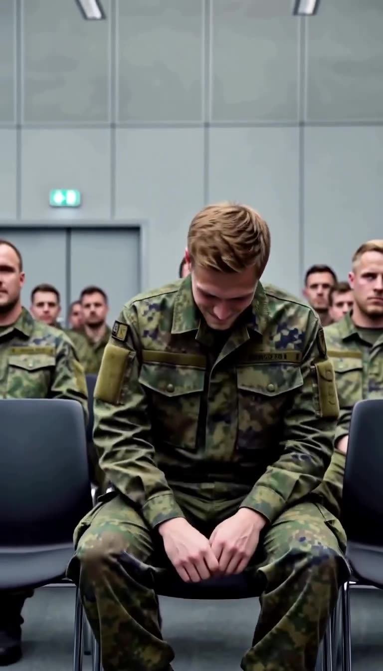 Der Soldat sitzt mit gesenktem Kopf und gekrümmtem Rücken voller Scham auf seinem Stuhl