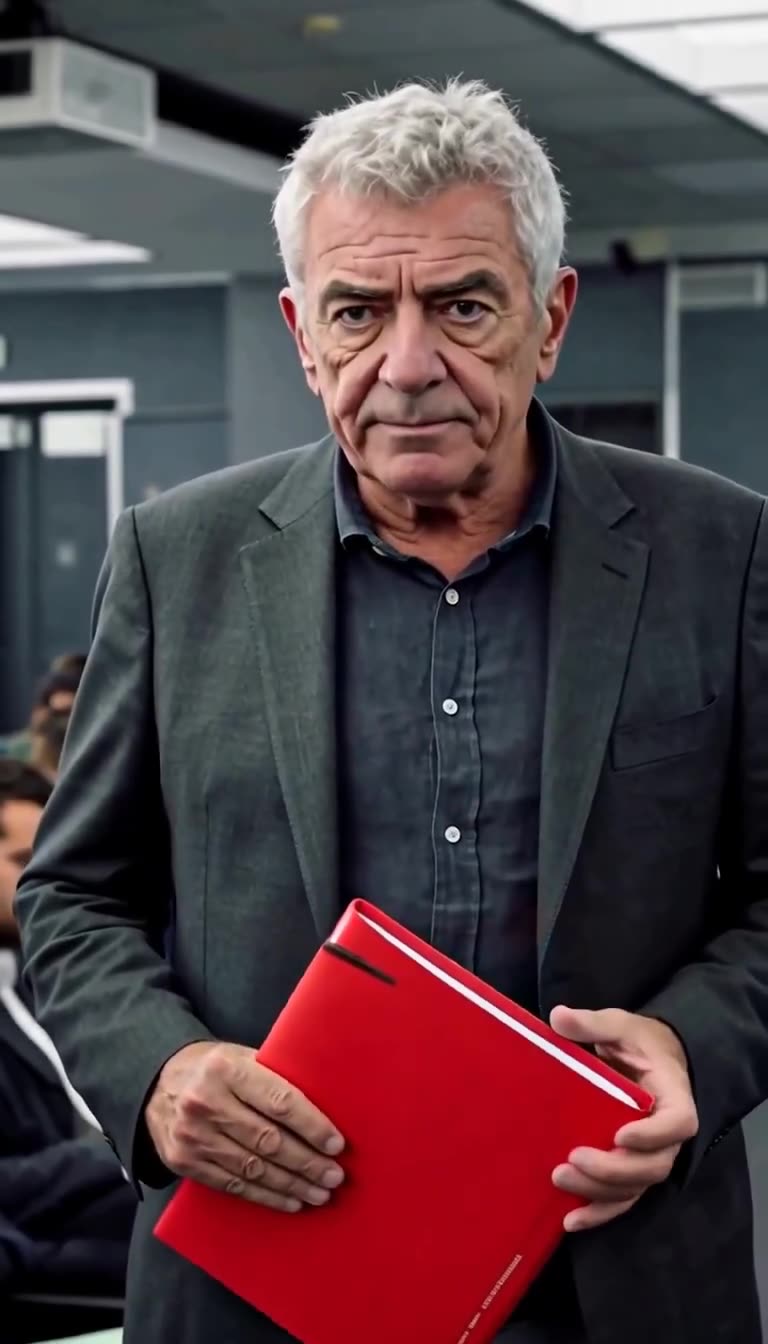 Henri, an older commander with steel-grey hair, holding a red cardstock dossier with a stern expression.