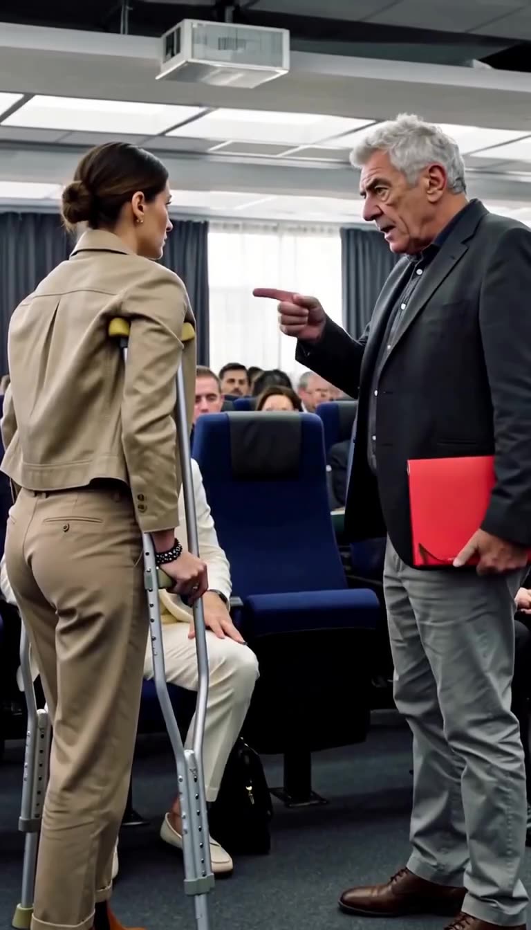 Henri pointing a stern accusing finger at Camille on her crutches while Julien cowers seated in the background.