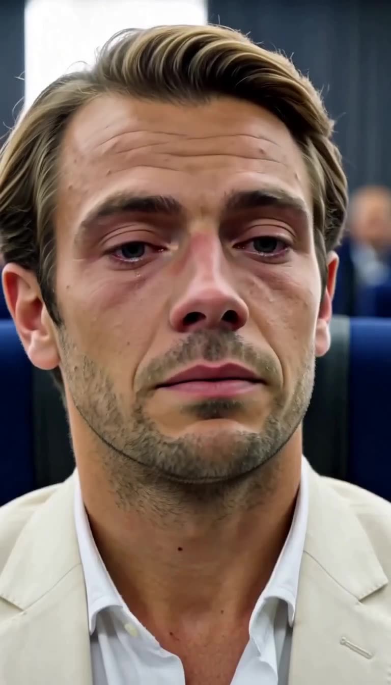 Close-up of Julien crying in remorse as the truth about Captain Camille is revealed.