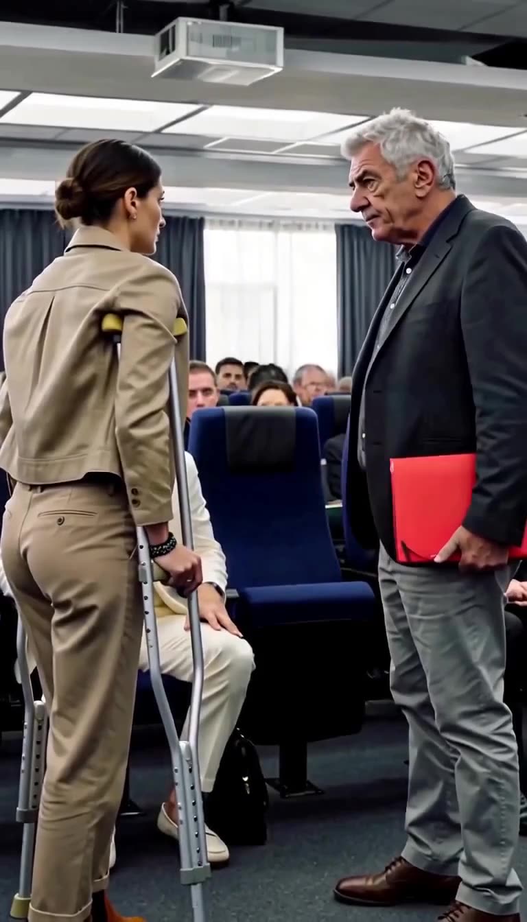 Captain Vidal on crutches confronting General Delaunay in the auditorium aisle