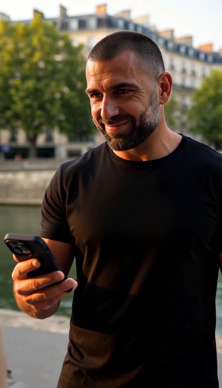 A bearded man smiles smugly while looking down at his phone near the water.