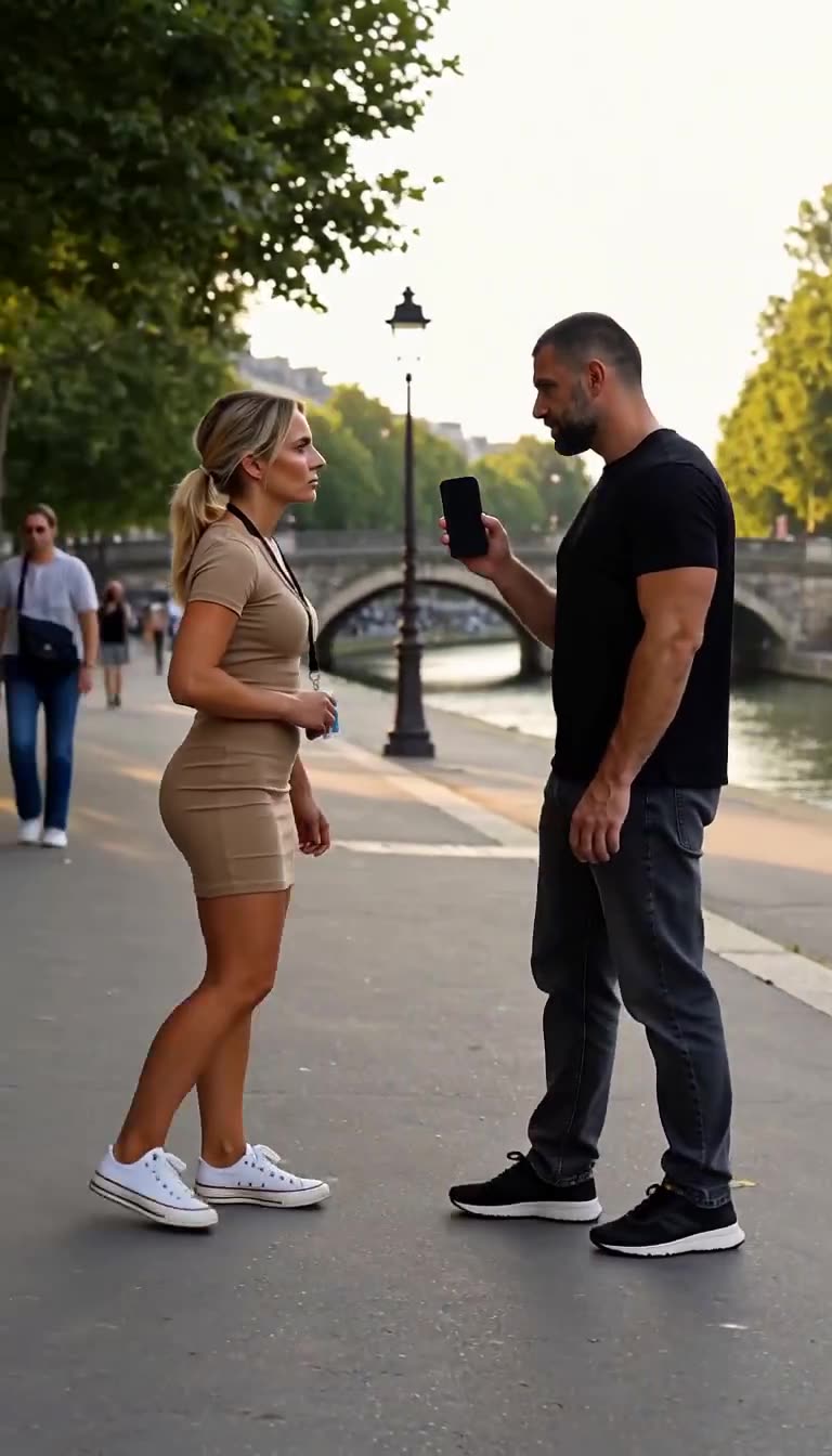 A tense waterfront confrontation between a man holding a phone and a composed blonde woman.