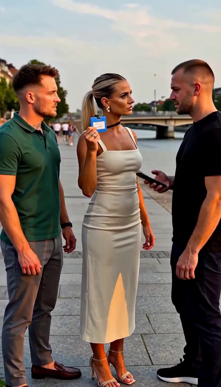 Lukas starrt perplex auf die Dienstmarke der Ermittlerin, während Jonas das Geschehen aufmerksam verfolgt.