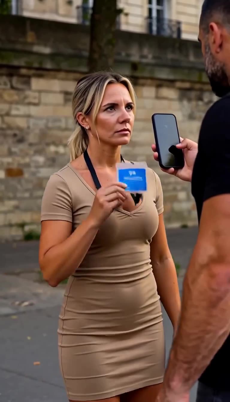 Camille firmly displays her official blue badge to Maxime, instantly halting his aggressive filming.
