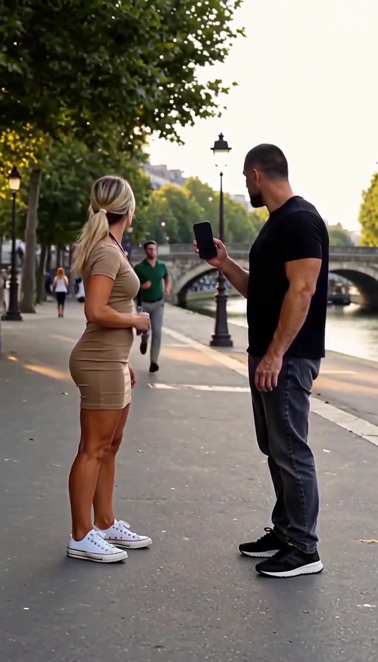 The man stepping into the woman's path and brandishing his phone to confront her along the waterfront promenade.