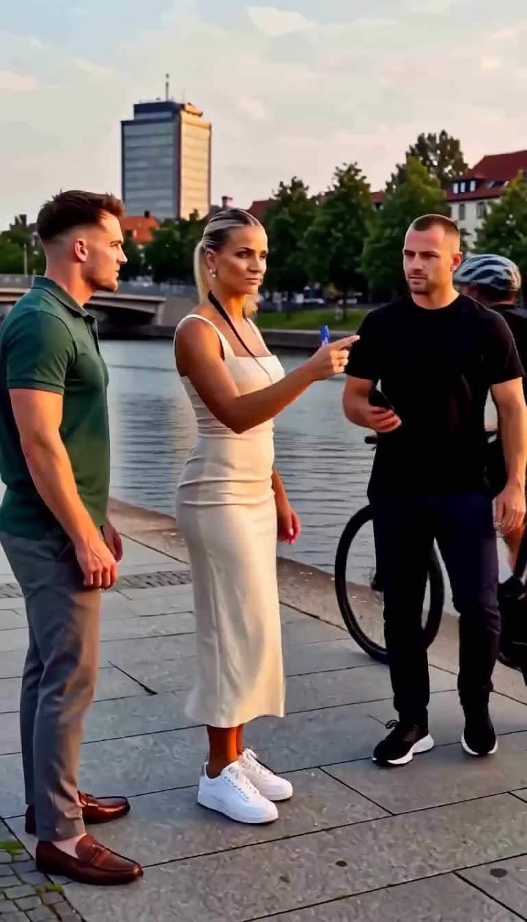 Eine blonde Frau stellt einen Mann am Ufer zur Rede, während ein Begleiter danebensteht