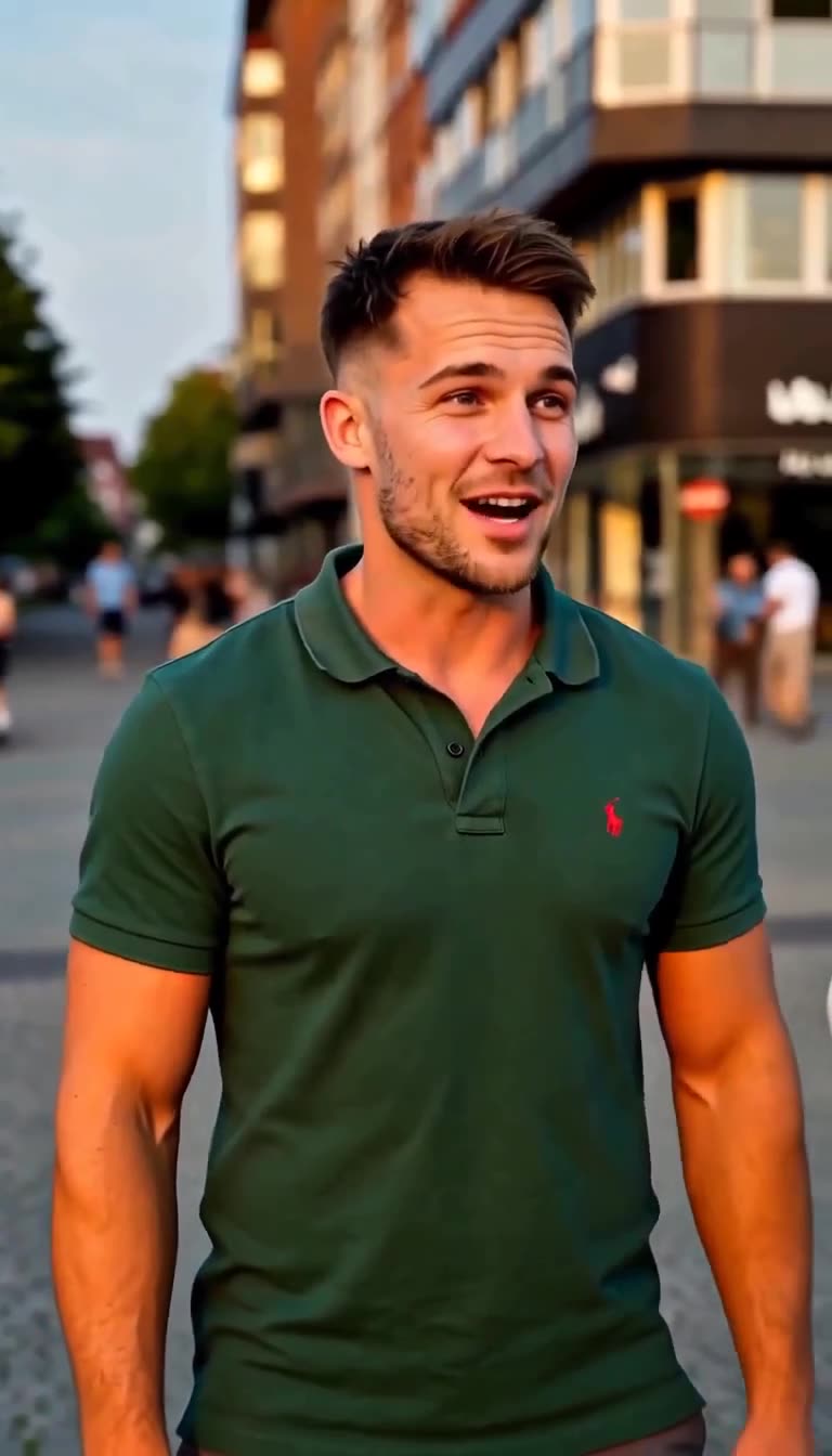 Ein Mann im grünen Poloshirt lächelt überheblich auf einer städtischen Straße