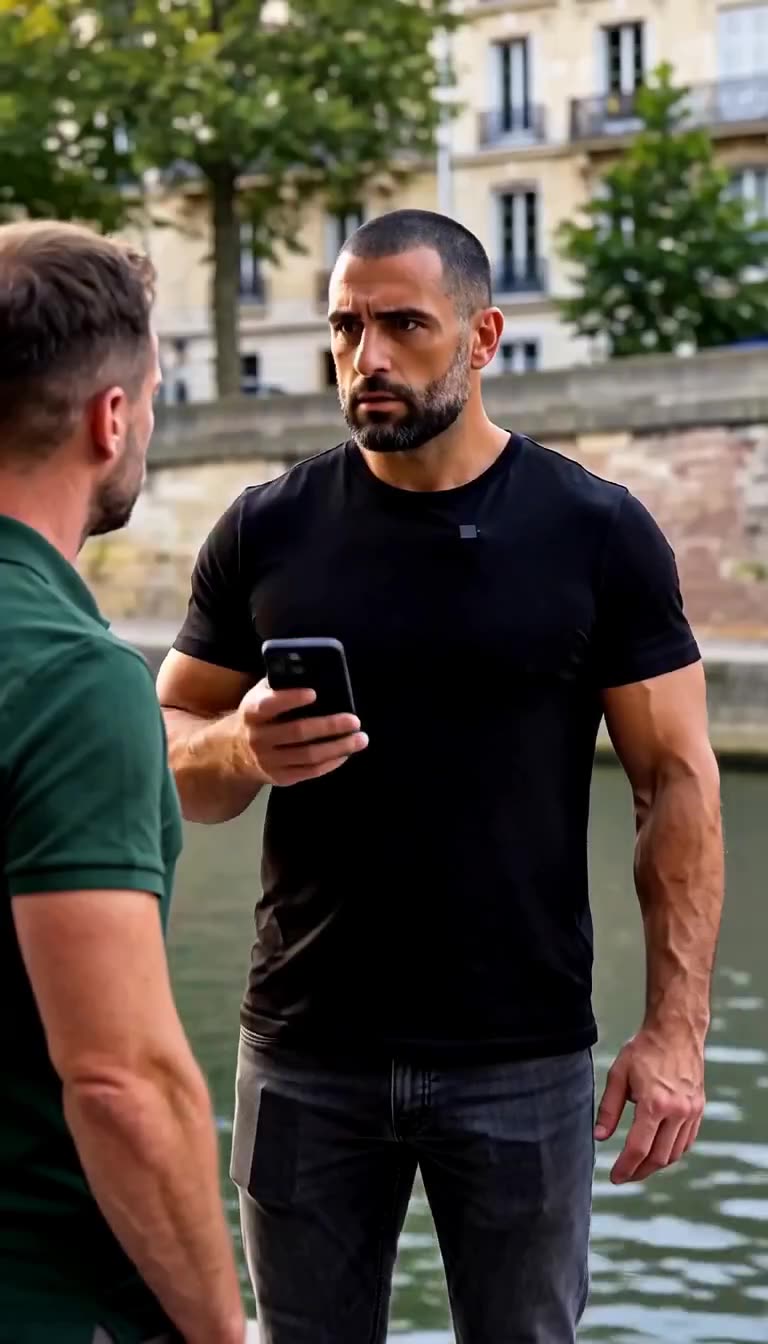 Maxime lowers his smartphone in shock after learning he is confronting a police commander.