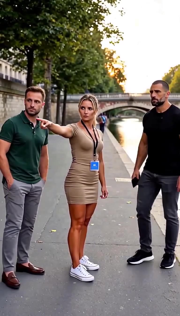 A blonde woman in a beige dress points assertively at a man while confronting another on the canal quay