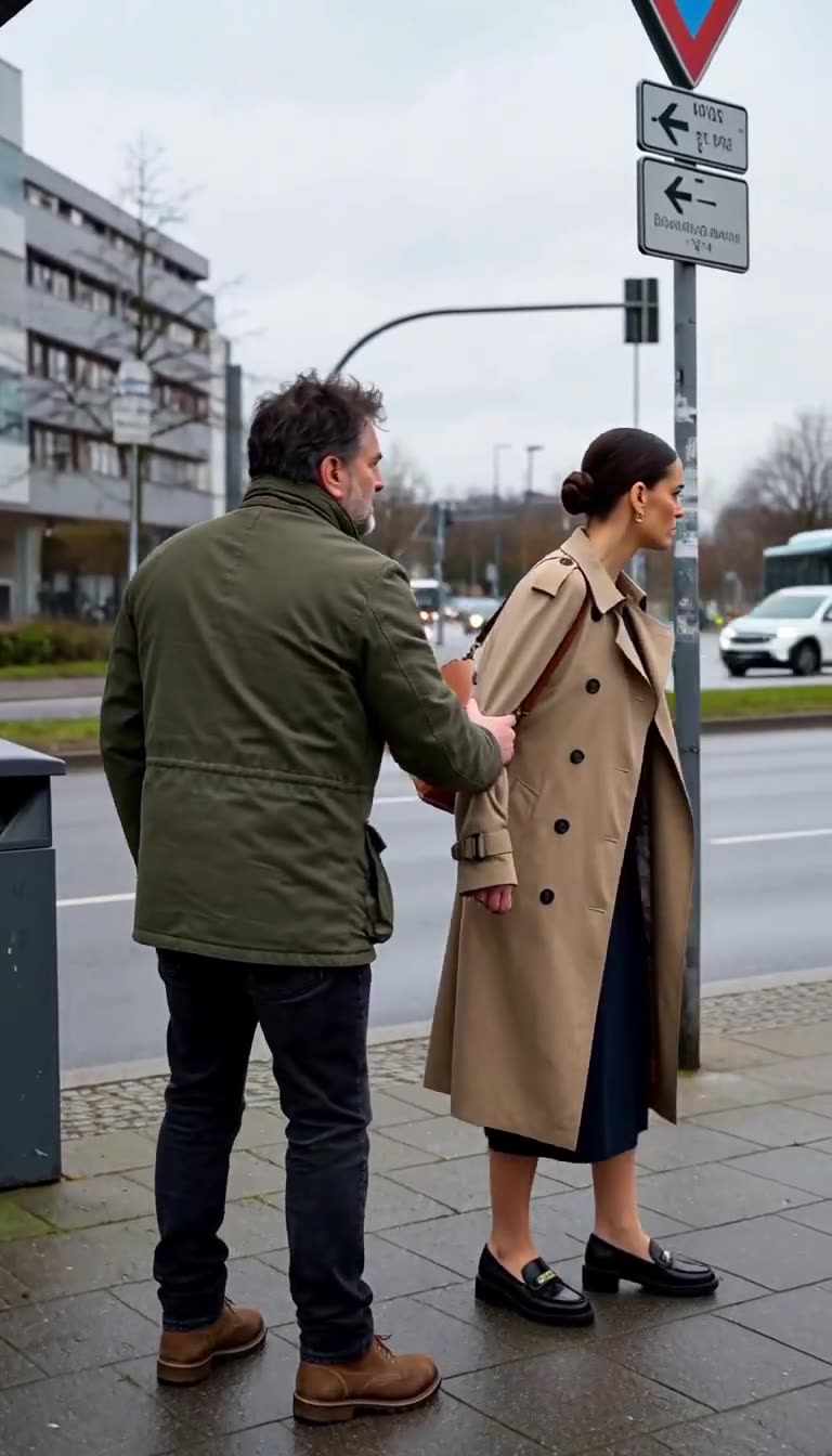 Stefan packt den Trenchcoat von Claudia, um sie vom Fahrbahnrand zurückzureißen.