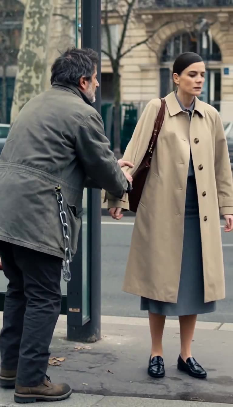 Julien grabbing Camille's coat sleeve to pull her from the edge of the street