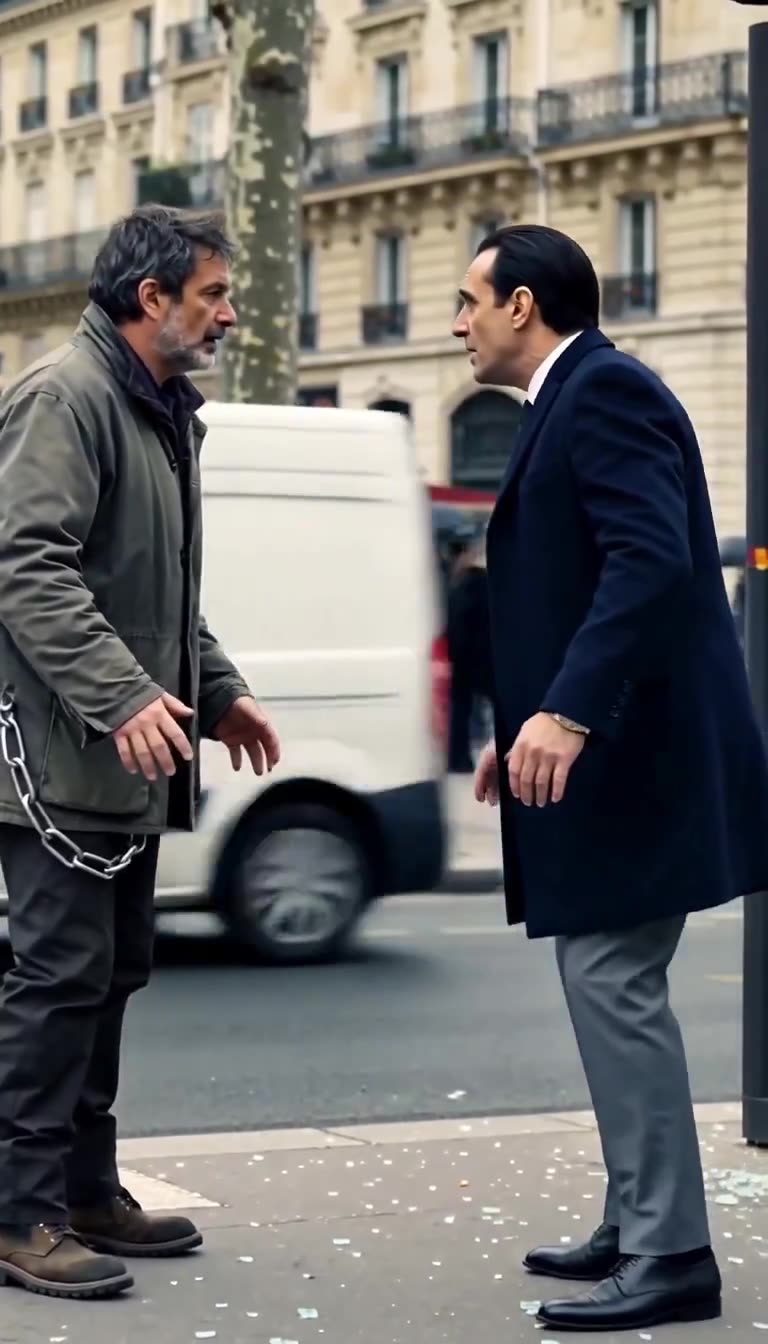 Alexandre confronts Julien in a tense face-to-face standoff along the busy boulevard curb.