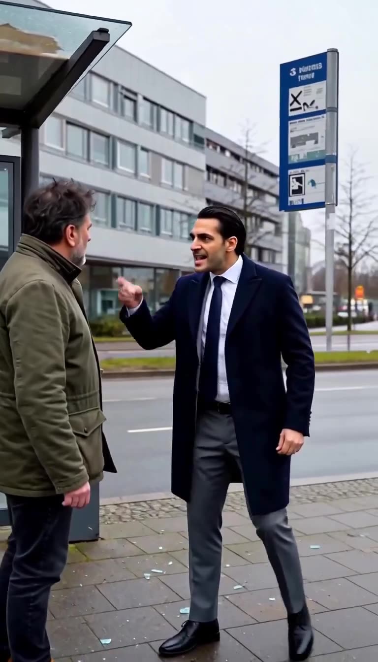 Der erzürnte Geschäftsmann zeigt mit drohendem Zeigefinger auf den Mann in der Jacke.