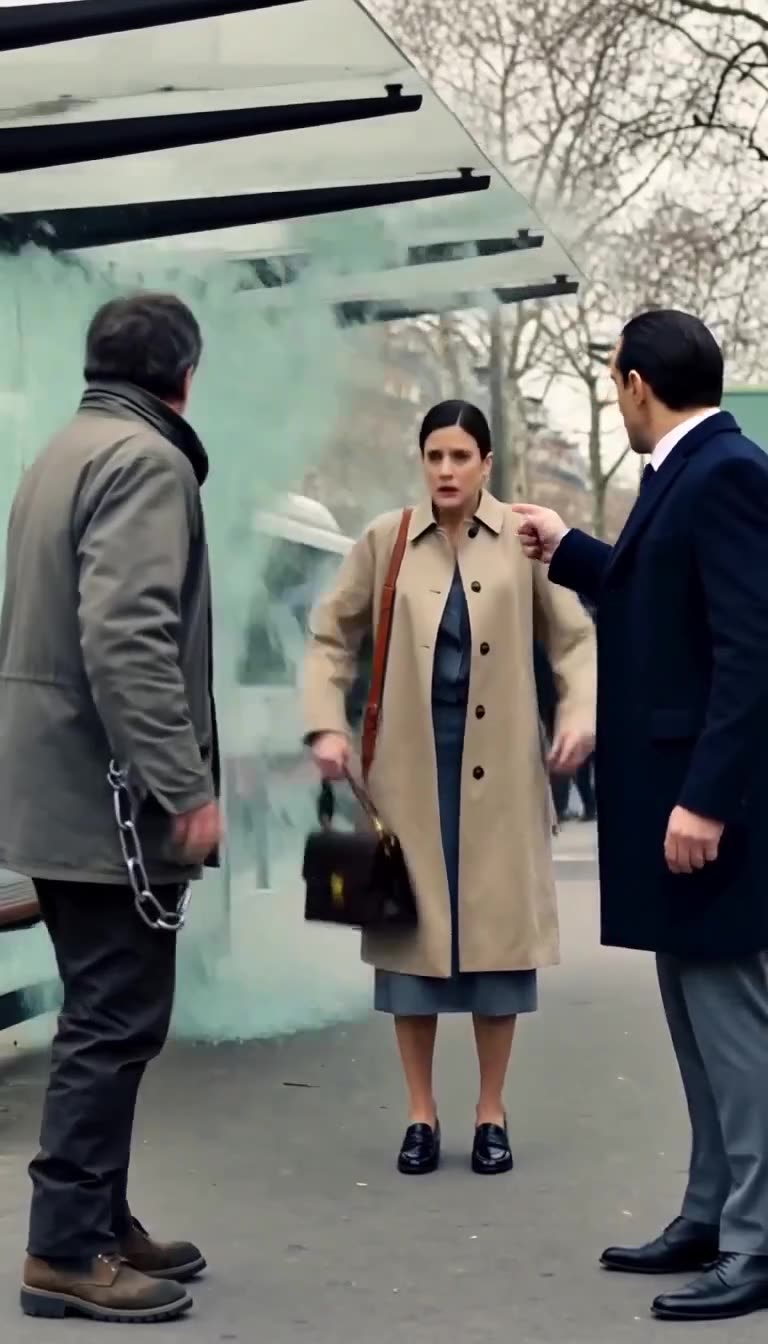 A well-dressed man intervenes and scolds the street dweller while the woman reacts in shock.