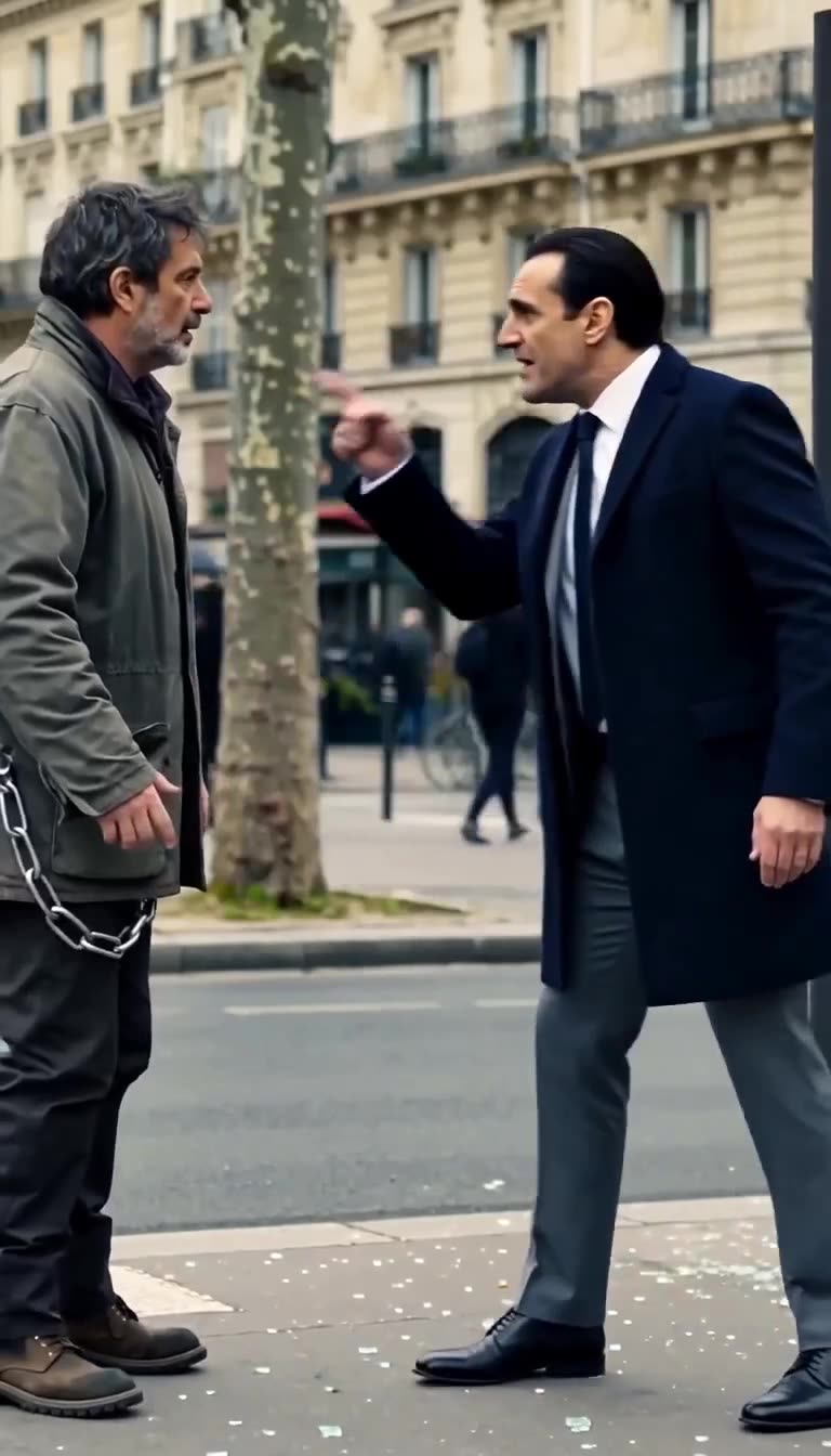 The businessman furiously points a finger in confrontation against the quiet vagrant.